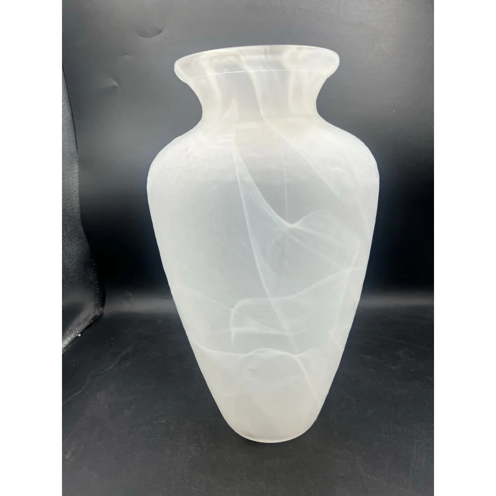 12” White Satin Swirl Opalescent Art Glass Vase Freeform MCM Decor Heavy